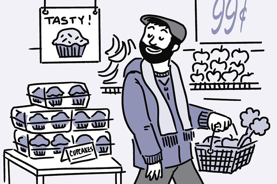 Illustration of a man bypassing cupcakes and carrying a shopping basket filled with produce.