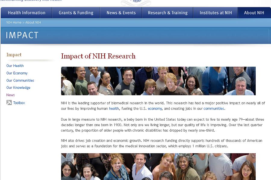 Screen capture of the homepage for Impact of NIH Research.