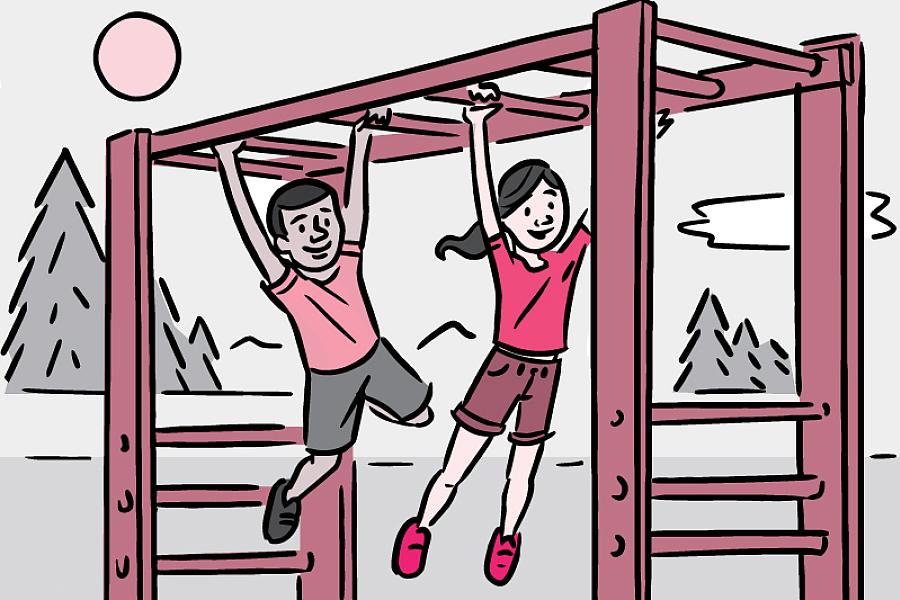 Illustration of 2 kids playing on the monkey bars.