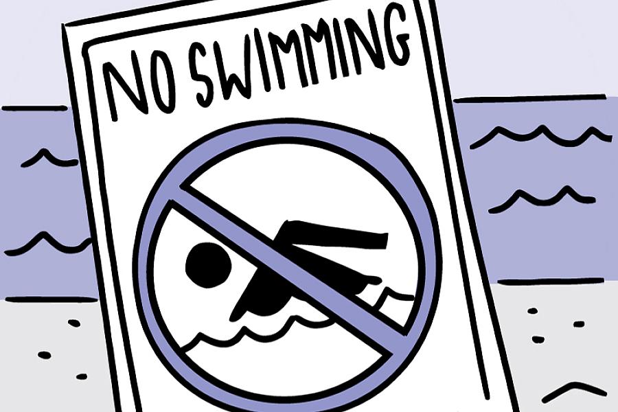 Illustration of a No Swimming sign at the beach.