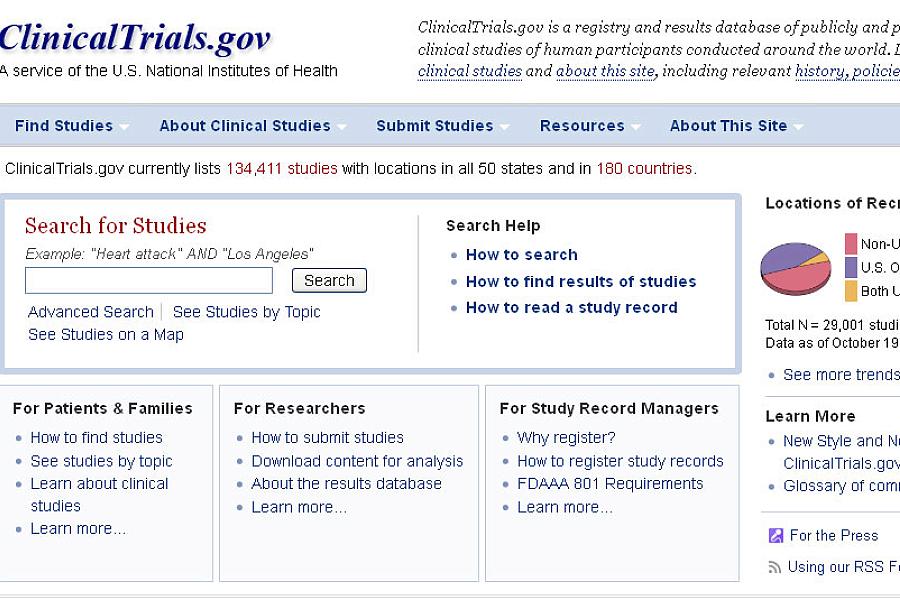 Screen capture of the homepage for the ClinicalTrials.gov website.