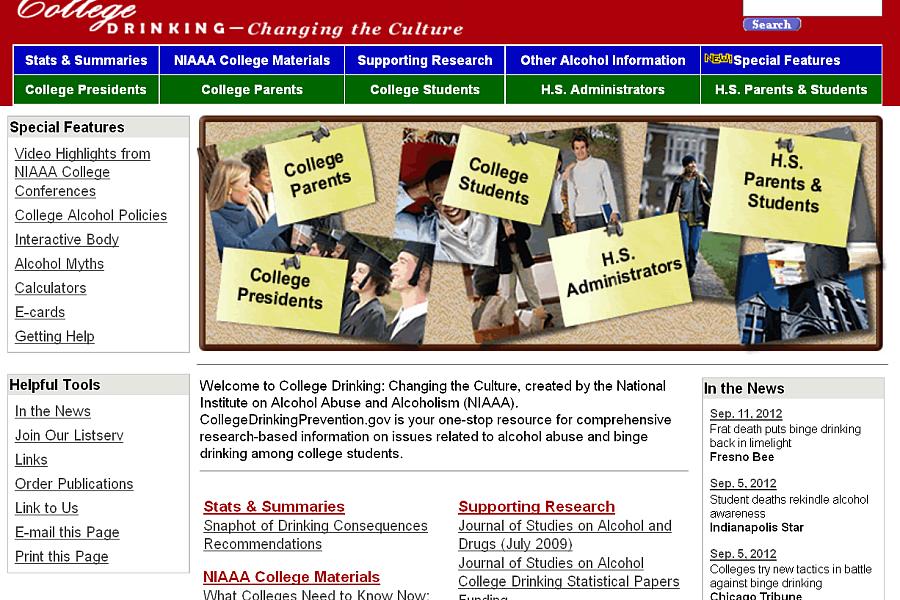 Screen capture of the homepage for the NIAAA College Drinking website.