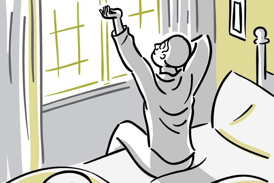 Illustration of a man waking up and stretching before a sun-filled window.