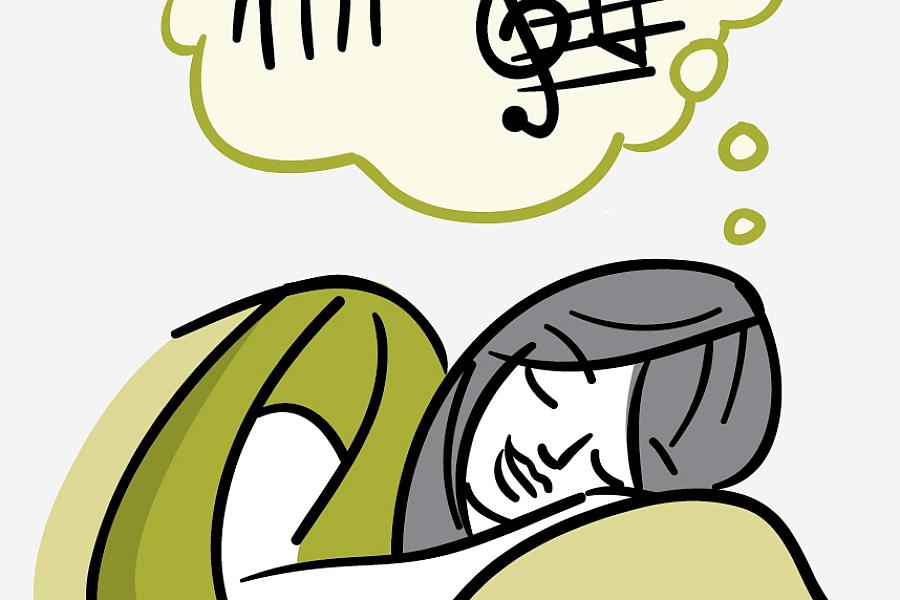 Illustration of a sleeping woman thinking about music, math and friends.