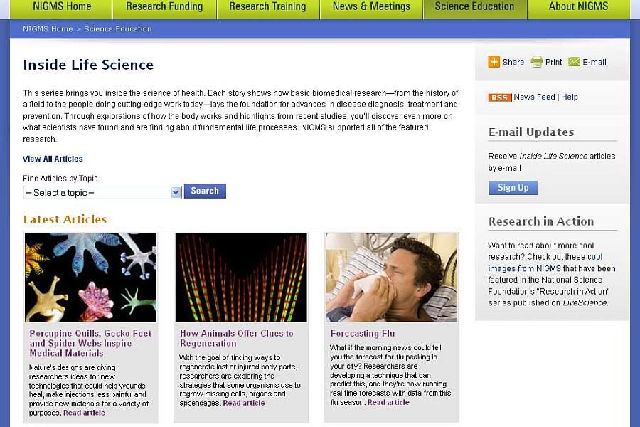 Screen capture of the homepage for Inside Life Science website.