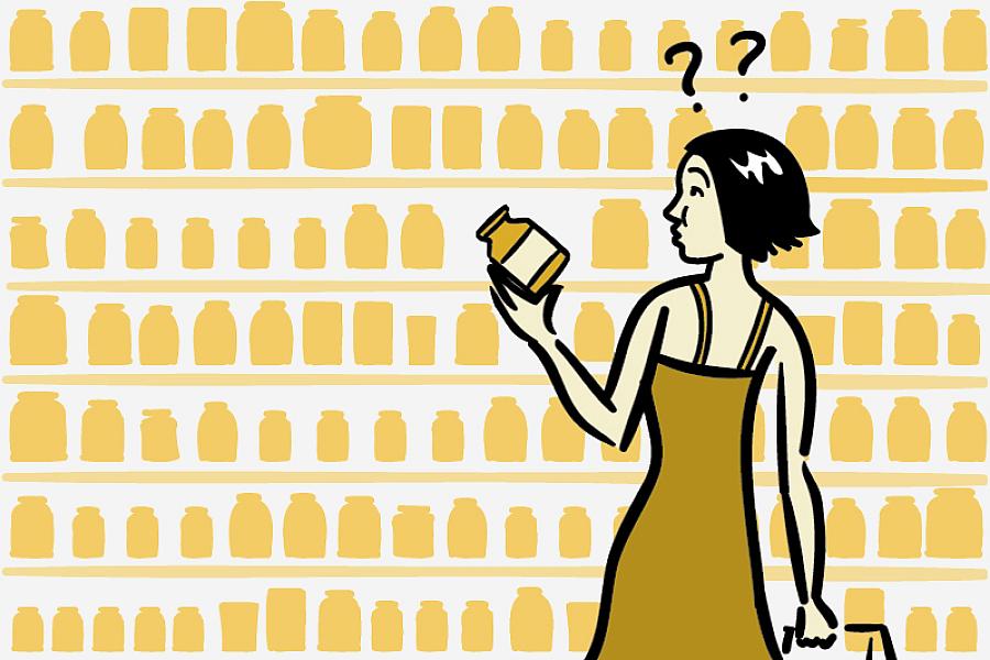 Illustration of a woman shopping for dietary supplements.