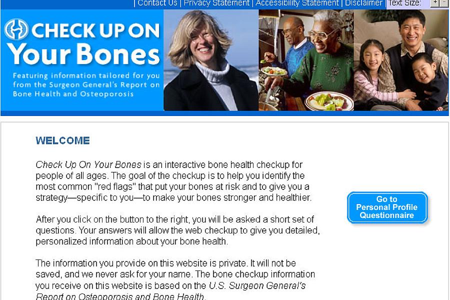 Screen capture of the homepage for Check Up on Your Bones.