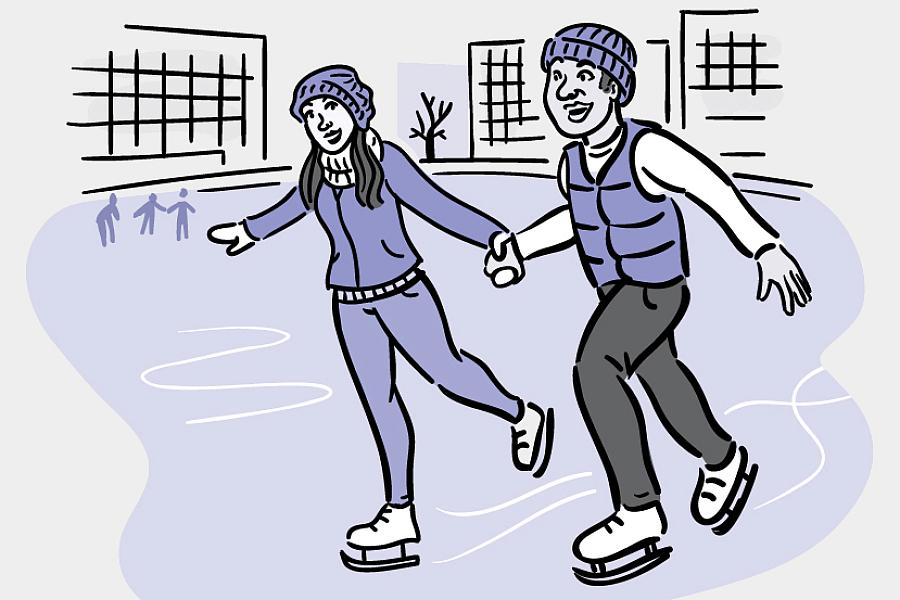 Illustration of a man and woman ice skating.