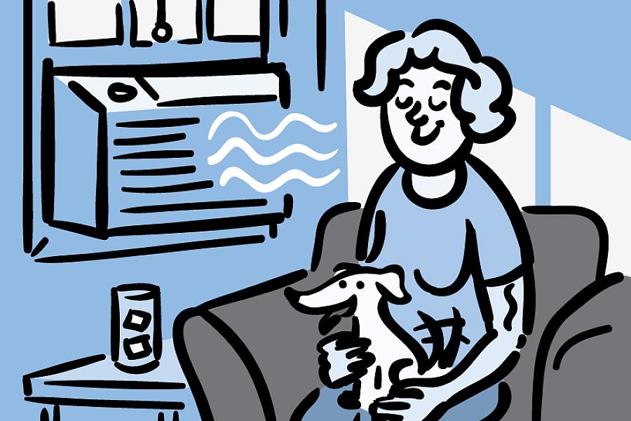 Illustration of an older woman sitting in front of an air conditioner with the shades pulled down and a glass of ice water nearby.