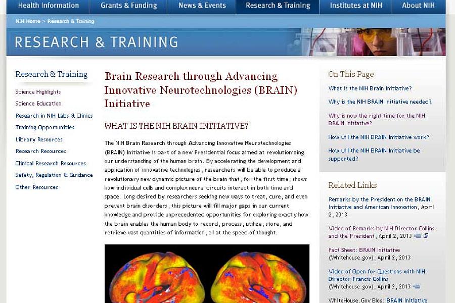 Screen capture of the homepage for the NIH BRAIN Initiative website.