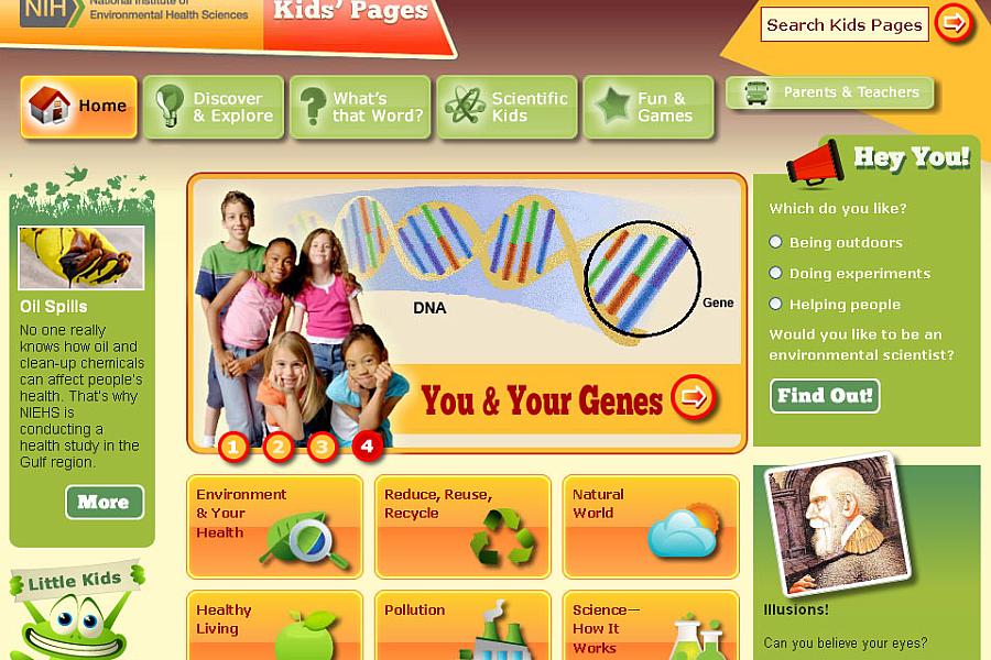 Screen capture of the homepage for the NIEHS Kids’ Pages website.