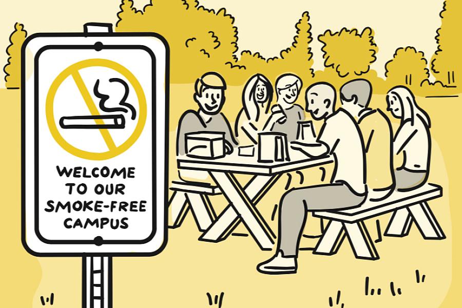 Cartoon of a “No-Smoking” sign in an open outdoor area, with nearby people enjoying a picnic lunch.