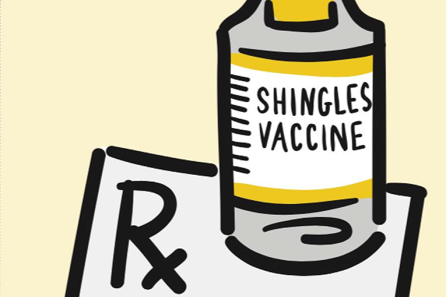 Cartoon of a vial labeled “Shingles Vaccine” and a prescription for antiviral medication.