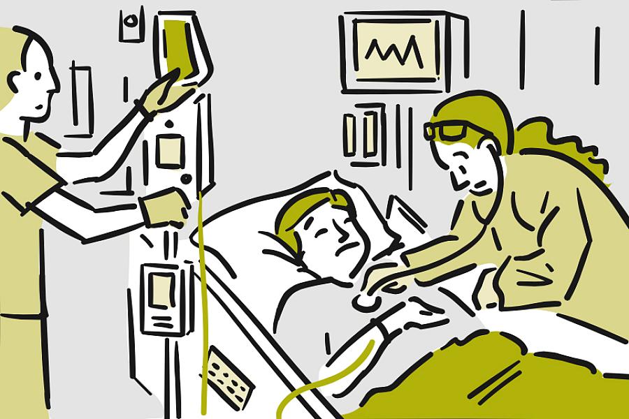 Illustration of a patient being treated in a hospital room.