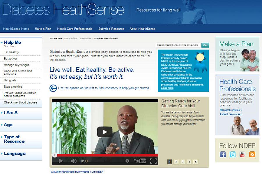 Screen capture of the homepage for the Diabetes HealthSense website.