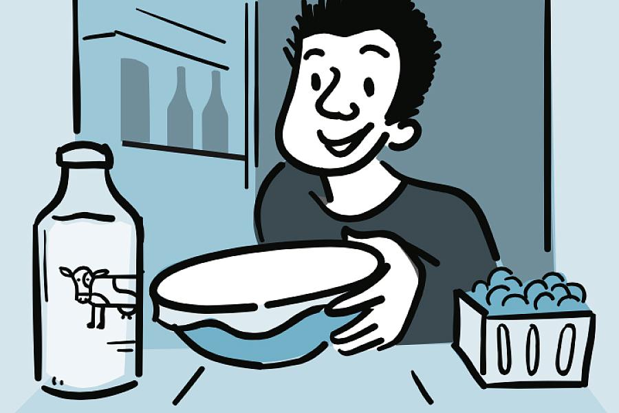 Illustration of a man placing food in the refrigerator.