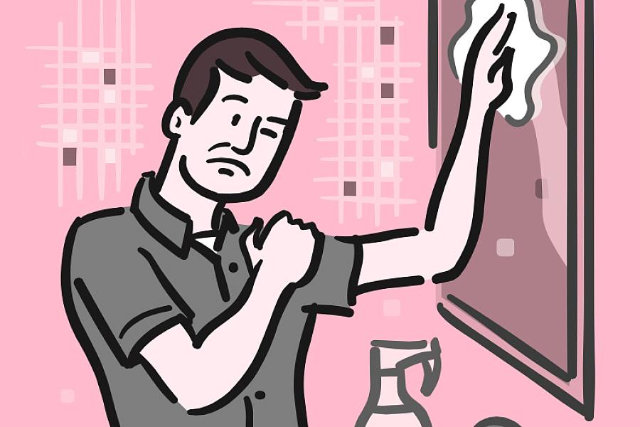 Illustration of a man rubbing his shoulder in pain as he reaches up to clean a bathroom mirror.