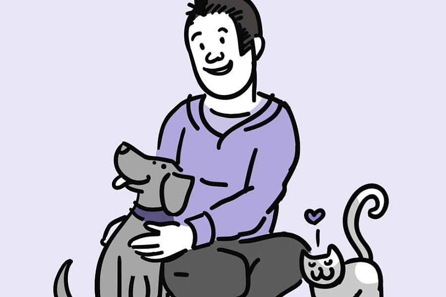 Illustration of a man affectionately petting a dog and cat.