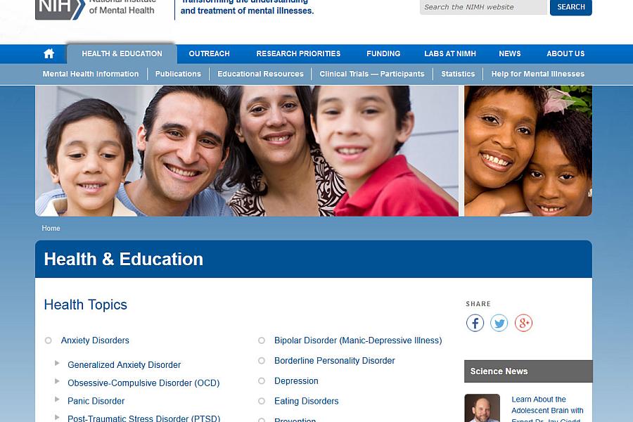 Screen capture of the homepage for the NIMH Mental Health Topics website.