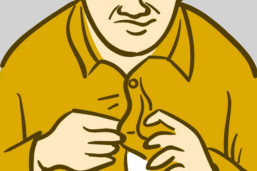 Illustration of a man having trouble buttoning his shirt.