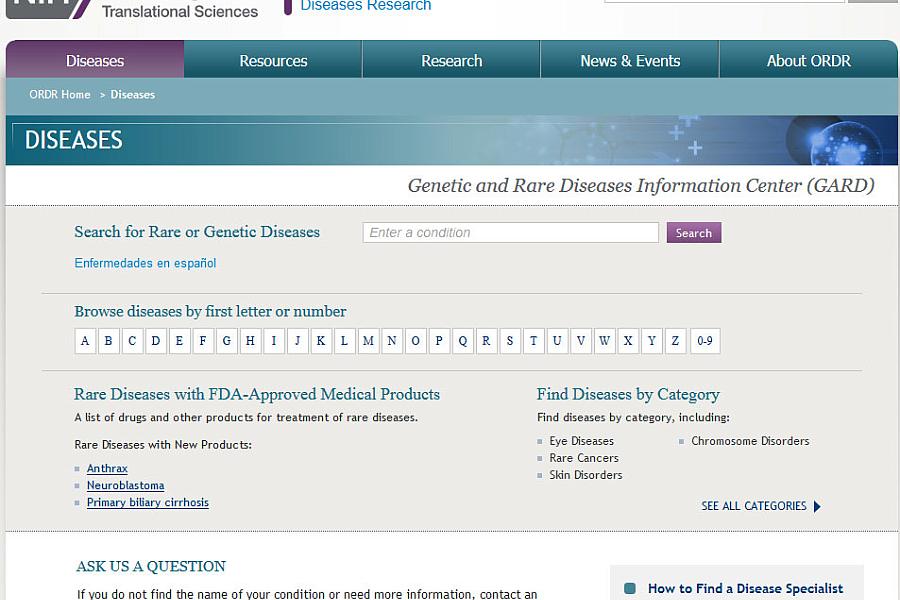 Screen capture of the homepage for the Genetic and Rare Diseases Information Center website.