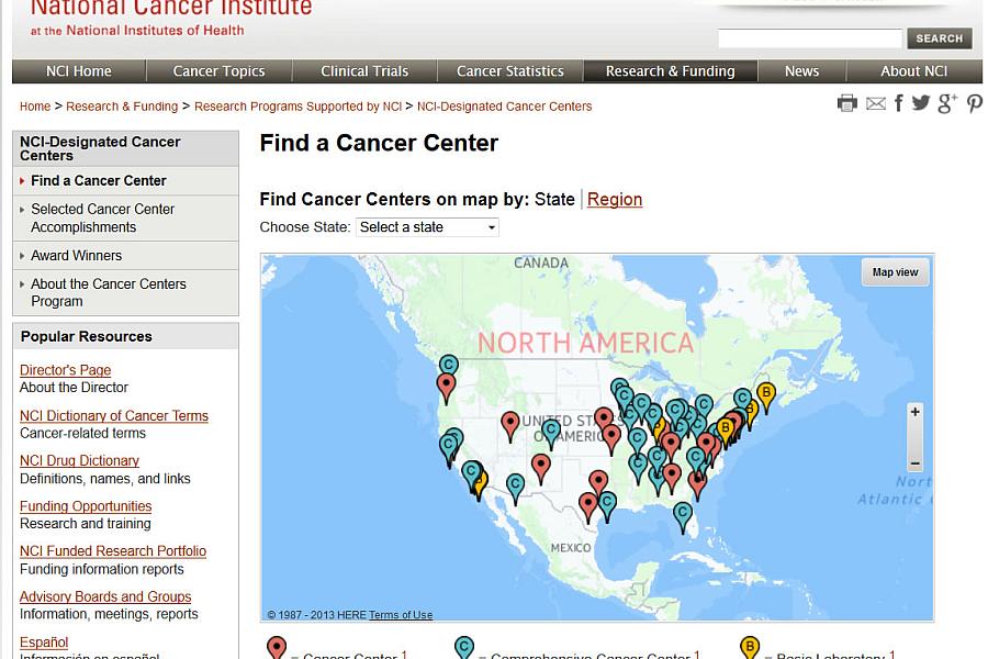 Screen capture of the homepage for the Find a Cancer Center website.