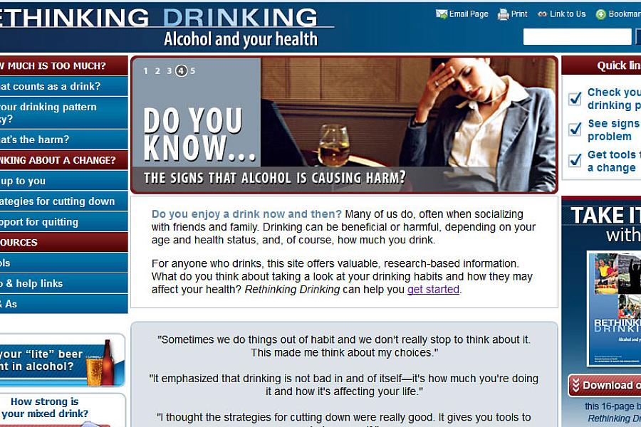 Screen capture of the homepage for the Rethinking Drinking website.