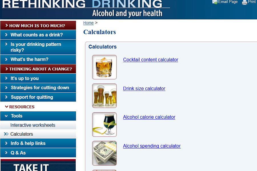 Screen capture of NIH’s Alcohol Calculators webpage.