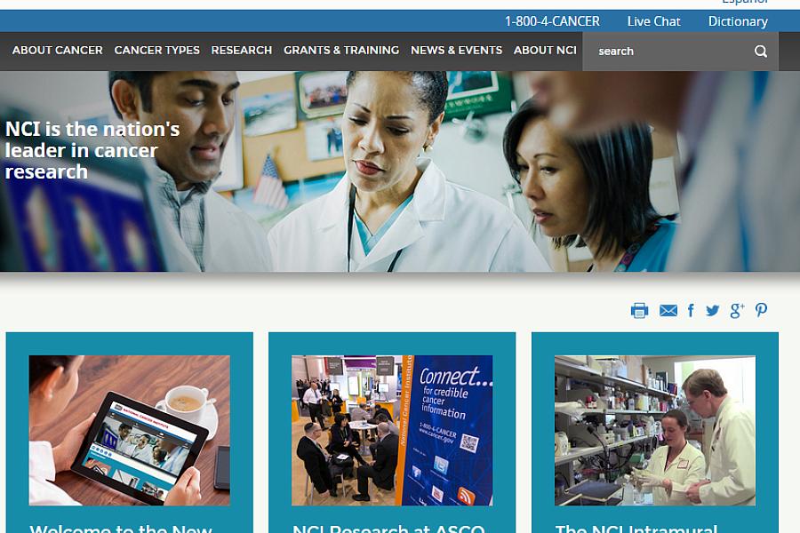 Screen capture of the homepage for NIH’s National Cancer Institute.