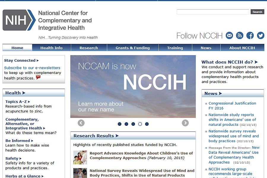 Screen capture of the homepage for the National Center for Complementary and Integrative Health website.