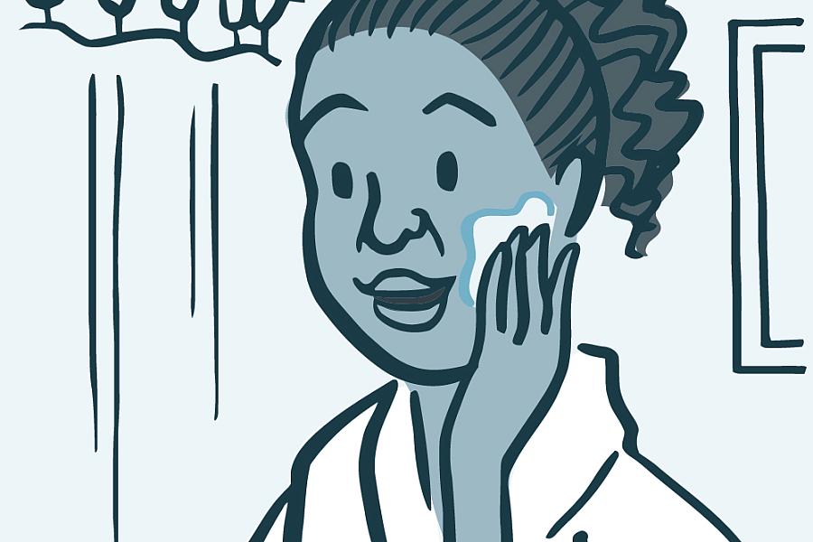 Illustration of a woman putting lotion on her face.