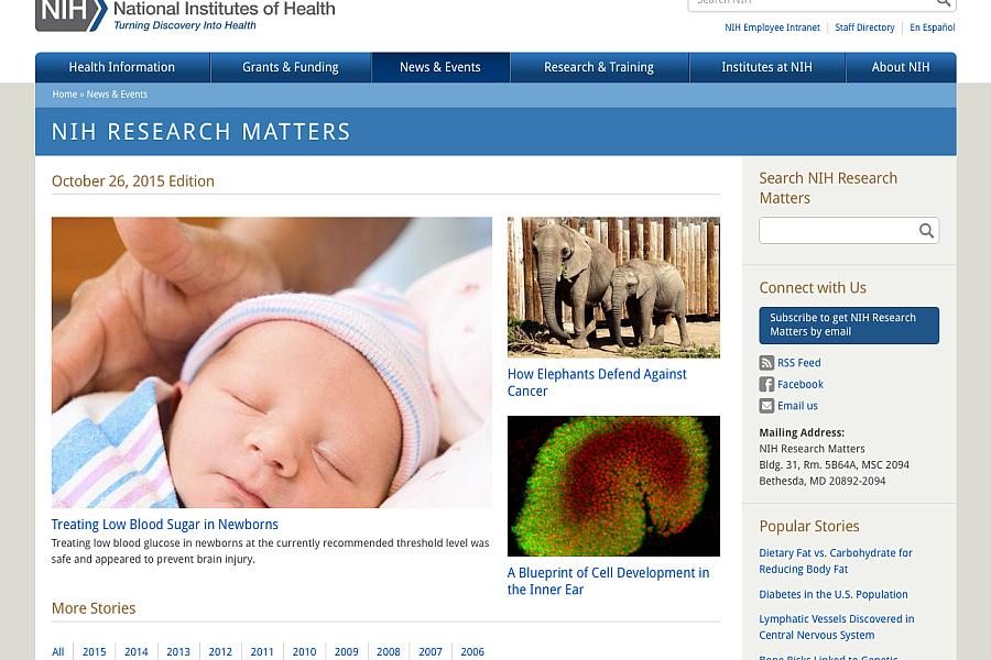 Screen capture of the homepage for NIH Research Matters.