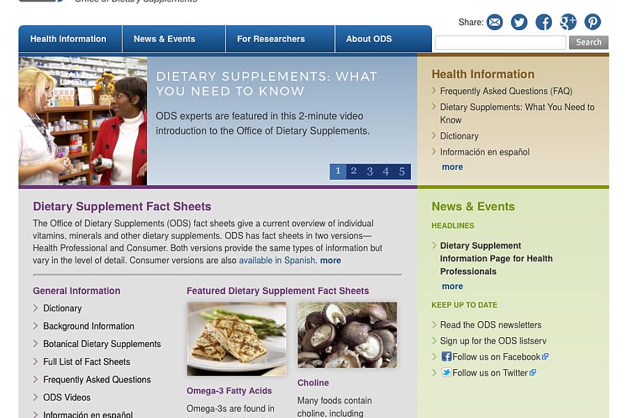 Screen capture of the homepage for NIH Office of Dietary Supplements.