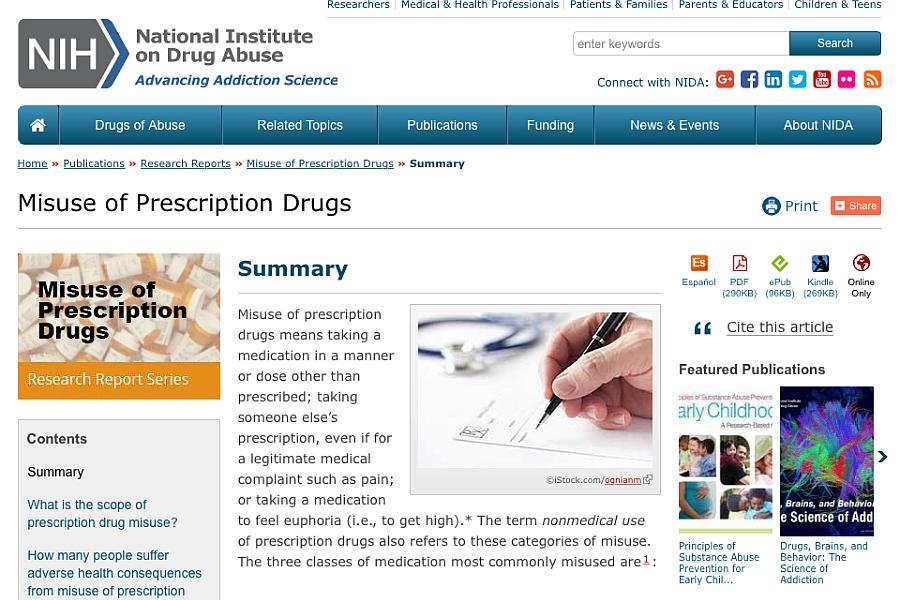 Screen capture of the homepage for NIDA’s Prescription Drug Abuse information.