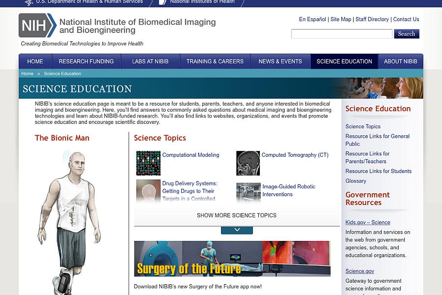 Screen capture of the homepage for Education: Biomedical Imaging and Bioengineering.