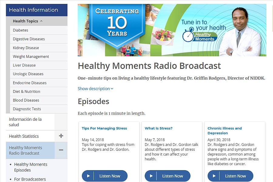 Screenshot of the healthy moments radio website