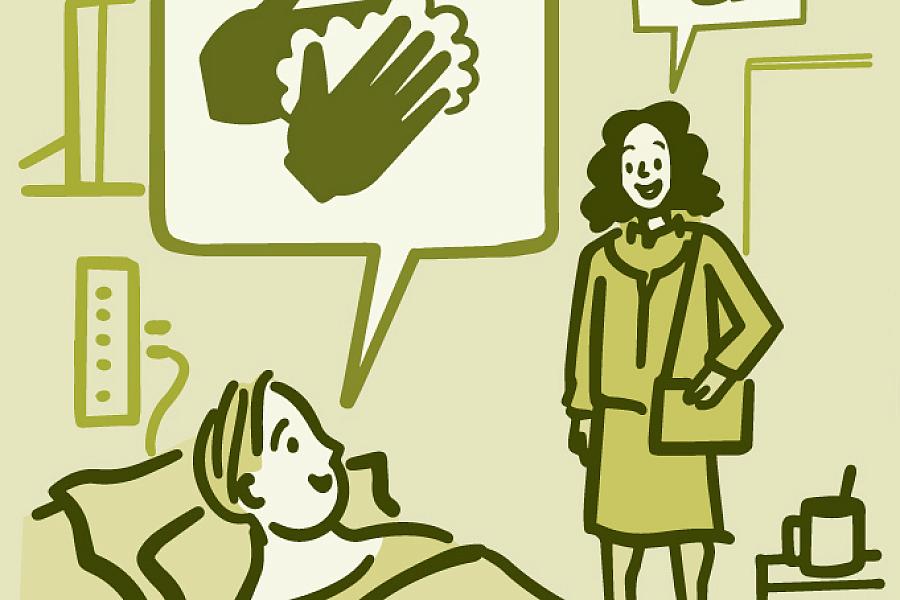 Illustration of a patient asking hospital visitor if they washed their hands