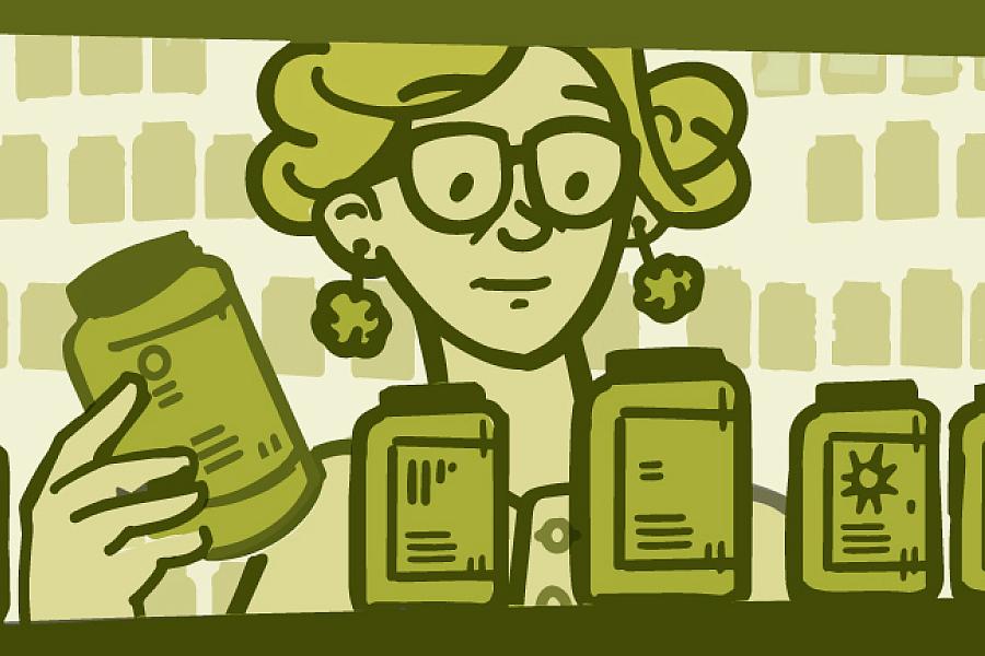 Illustration of a woman looking at supplements in a store