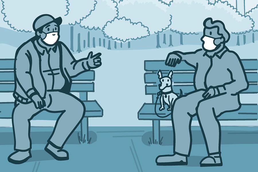 Illustration of two men wearing masks while sitting on park benches six feet apart