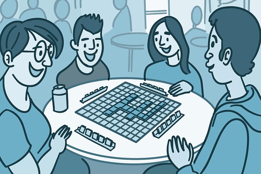 Illustration of a group playing a board game at a community center.