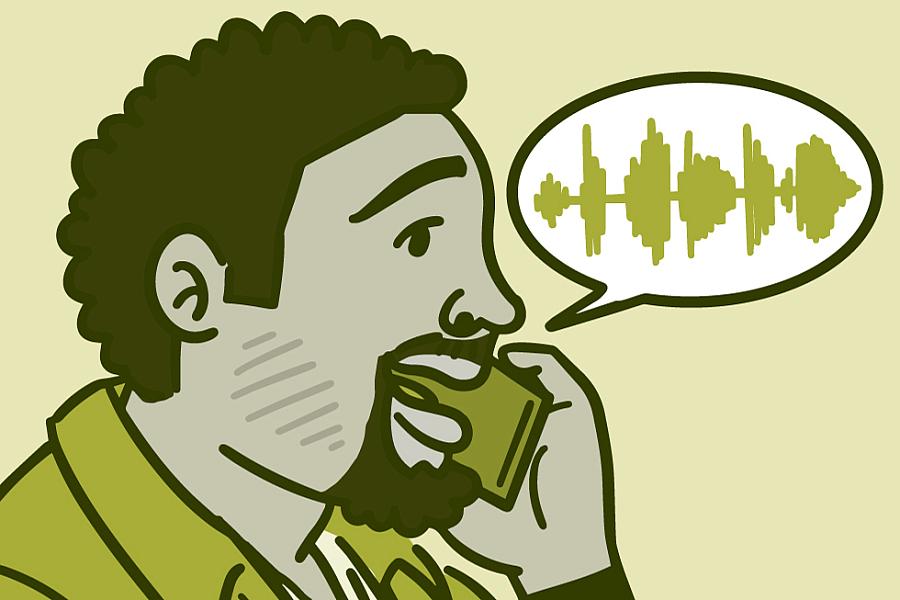 Illustration of a person talking on their cell phone showing a speech bubble with sound waves.