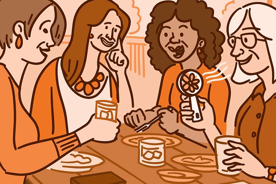 Illustration of four woman having lunch, with one holding a fan.