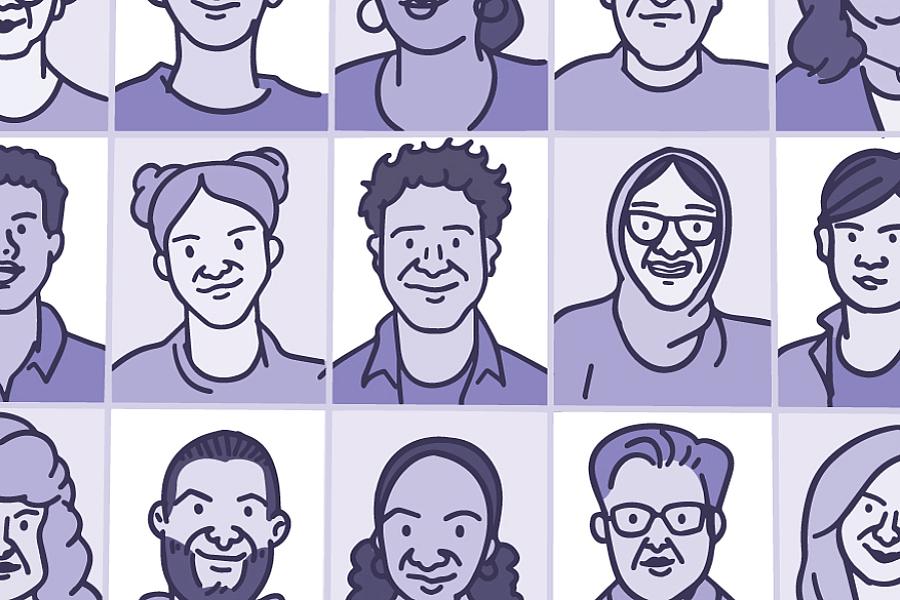 Illustration of a grid with different people’s faces.