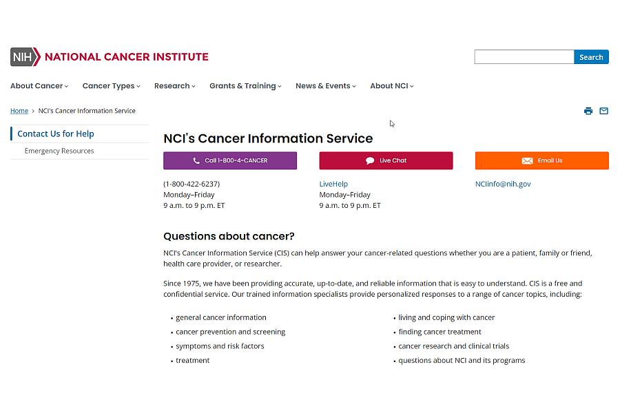 Screenshot of the Cancer Information Service.