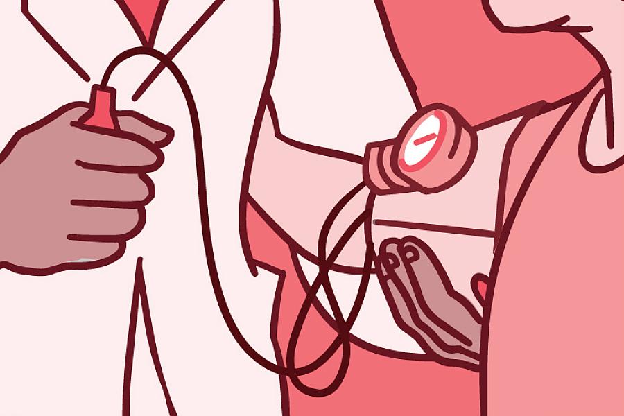 Illustration of a doctor taking a patient’s blood pressure.